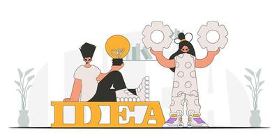 The fashion team generates ideas and solves problems. Light bulb and gears in their hands. Illustration on the theme of the appearance of an idea. vector