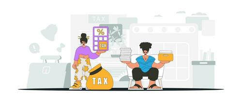 A graceful girl and a guy are engaged in paying taxes. An illustration demonstrating the importance of paying taxes for economic development. vector