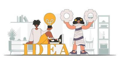 The fashion team solves problems and generates ideas. Light bulb and gears in their hands. Idea theme. Retro trendy style. vector