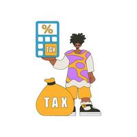 A stylish man holds a calculator in his hand. The topic of paying taxes. vector