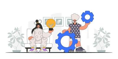 Stylish guy and girl solves problems and generates ideas. Light bulb and gears in their hands. Illustration on the theme of the appearance of an idea. vector