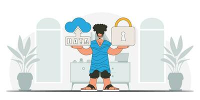 Man with padlock and cloud storage, modern character in vector style.