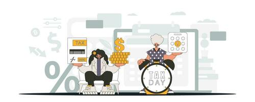 Elegant guy and girl demonstrate paying taxes. An illustration demonstrating the importance of paying taxes for economic development. vector