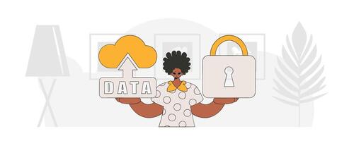 Man with cloud storage, padlock, and modern style vector character.