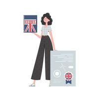 A woman holds an English dictionary and a certificate in her hands. The concept of teaching English. Isolated. trendy style. Vector. vector