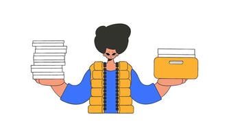 A cultured guy holds stacks of documents in his hands. vector