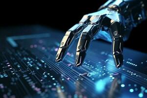 Hands of Robot Touhcing Coding Monitor, Generative AI photo