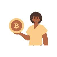 The guy is holding bitcoin. Character in trendy style. vector