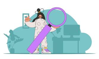 Concept Finding the necessary information on the Internet. The man is holding a magnifying glass. Linear retro style character. vector