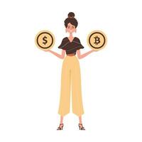 el niña sostiene un moneda de bitcoin y dólar en su manos. personaje con un moderno estilo. vector