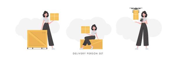 Set of a girl with a box and a parcel. The concept of cargo delivery. Flat modern style. . vector