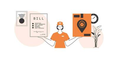 The guy holds a parcel and a check in his hands. Parcel delivery concept. Linear style. vector