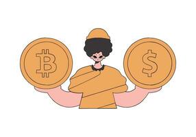 hombre participación bitcoin, genial diseño para ninguna propósitos. valores mercado inversión. negocio financiero inversión. en línea bancario. dinero ingreso. vector