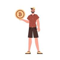 un hombre sostiene un bitcoin moneda en su manos. personaje en un moderno de moda estilo. vector