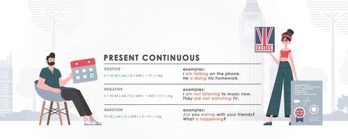 Present continuous. Rule for the study of tenses in English. The concept of teaching English. Flat character modern style. Vector. vector