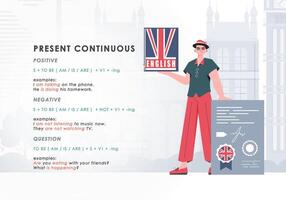 Present continuous. Rule for the study of tenses in English. The concept of learning English. Trend character flat style. illustration. vector
