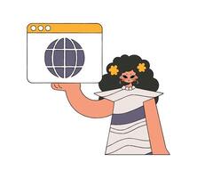 A bright and stylish illustration of a woman using a web browser. Bright trend character. vector