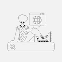 Charming man holds a browser window in his hands. Black and white style. vector