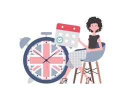 Girl, a calendar with a marked date and a clock. The concept of learning English. Isolated. Flat modern style. illustration. vector