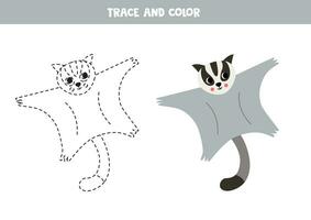 Trace and color cute cartoon sugar glider. Worksheet for kids. vector