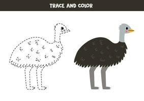 Trace and color cute cartoon emu ostrich. Worksheet for kids. vector