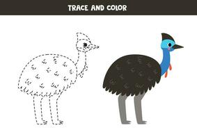 Trace and color cute cartoon cassowary. Worksheet for kids. vector