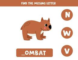 Find missing letter with cartoon wombat. Spelling worksheet. vector