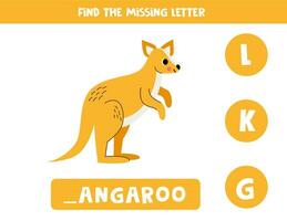 Find missing letter with cartoon kangaroo. Spelling worksheet. vector