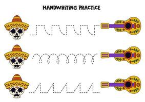 Tracing lines for kids with Mexican guitar and skull. Handwriting practice. vector