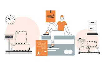 The guy is sitting on a bank card and holding a parcel. Parcel delivery concept. Linear modern style. vector