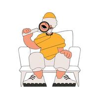 The guy is holding a magnifying glass. Search for the necessary information on the Internet. Retro style character. vector