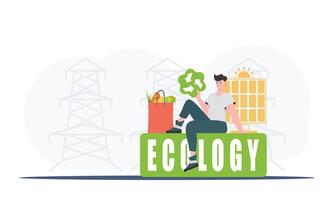 A man sits next to a package of proper food and holds an EKO icon. Ecology and green planet concept. Trend style, illustration. vector