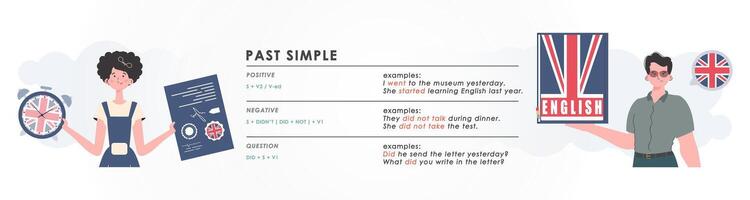 Past simple. Rule for the study of tenses in English. The concept of teaching English. Trend character flat style. Illustration in vector. vector