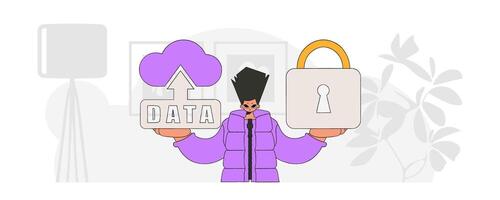 Vector modern man using cloud storage with padlock.