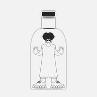 Alcohol addiction. charming woman is in the bottle. Newspaper black and white style. vector