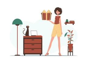 Holiday greetings concept. A woman holds a gift box in her hands. vector