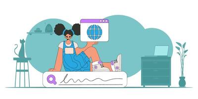 The concept of searching for information. The girl sits on the search line and holds a browser window in her hands. Retro style character. vector