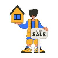 Male realtor holding a house. Selling and owning a house. vector