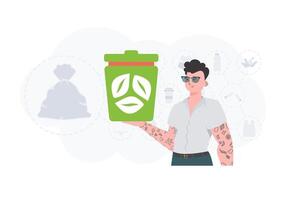 The concept of ecology and recycling. Stylish man holding a trash can in his hands. Trendy character style. Vetcor. vector