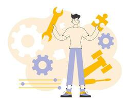 The guy is holding a wrench and a puzzle. Teamwork theme. Linear trendy style. vector
