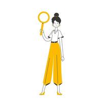 The girl is holding a magnifying glass in her hands. Search concept. Linear trendy style. Isolated on white background. Vector illustration.