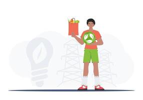 The guy is depicted in full growth holding an EKO icon and a package with proper nutrition. Healthy food, ecology, recycling and zero waste concept. Flat trendy style. . vector