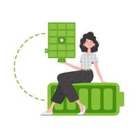 The girl sits on a battery and holds a solar panel in her hands. Green energy concept. Isolated. Vector illustration.