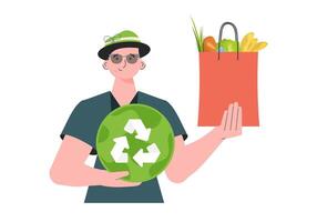 The man is depicted waist-deep and holds a package with healthy food in his hands and shows an icon. Isolated. Flat trendy style. Vector. vector