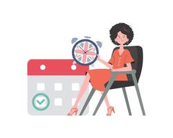 Girl, a calendar with a marked date and a clock. The concept of teaching English. Isolated. trendy style. Vector illustration.