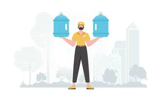 Water delivery concept. The man is holding a large water bottle. Cartoon style character depicted in full growth. Vector illustration.