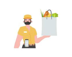 A man delivers a package of products. Delivery concept. Isolated. Cartoon style. Vector. vector