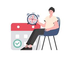A man, a calendar with a marked date and a clock. The concept of learning English. Isolated. Trendy cartoon style. illustration. vector