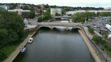 Aerial drone view of the city and river with traffic and buildings video