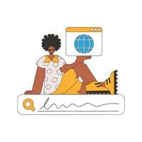 A man sits on a search bar and holds a browser window in his hands. Search for the necessary information on the Internet. Linear retro style character. vector